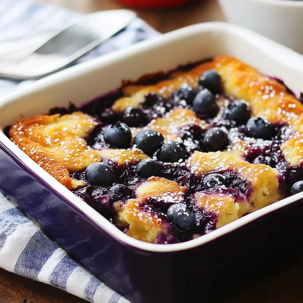 Square baking dish of Blueberry Buttermilk Pancake Casserole with abundant fresh blueberries on top, dusted with powdered sugar, on striped kitchen towel