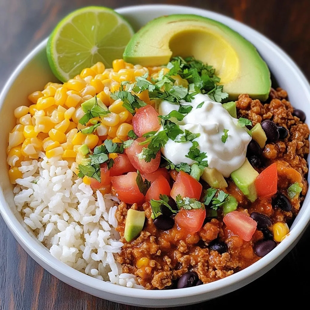 Turkey taco burrito bowl topped with diced tomatoes, avocado, corn, black beans, cilantro, and sour cream, served with a lime half