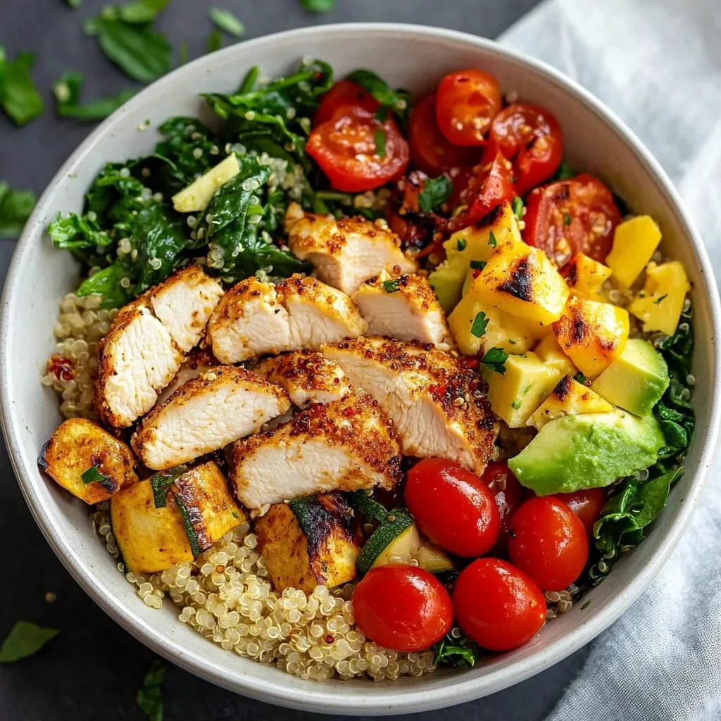 Chicken quinoa bowl topped with cherry tomatoes, roasted yellow and green zucchini, avocado, and fresh herbs over quinoa and spinach