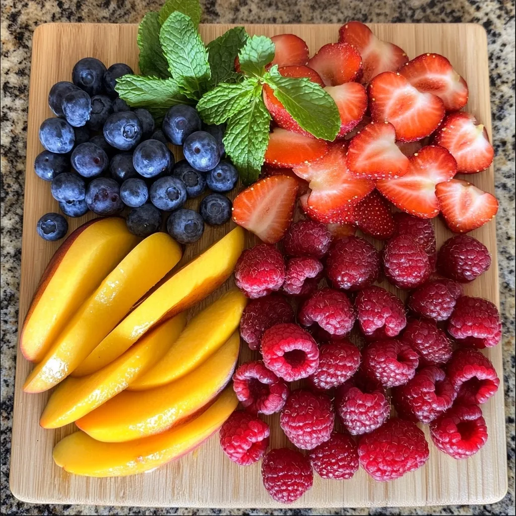Freshly cut fruits arranged on a wooden board including blueberries, strawberries, raspberries, sliced yellow peaches, and fresh mint leaves.