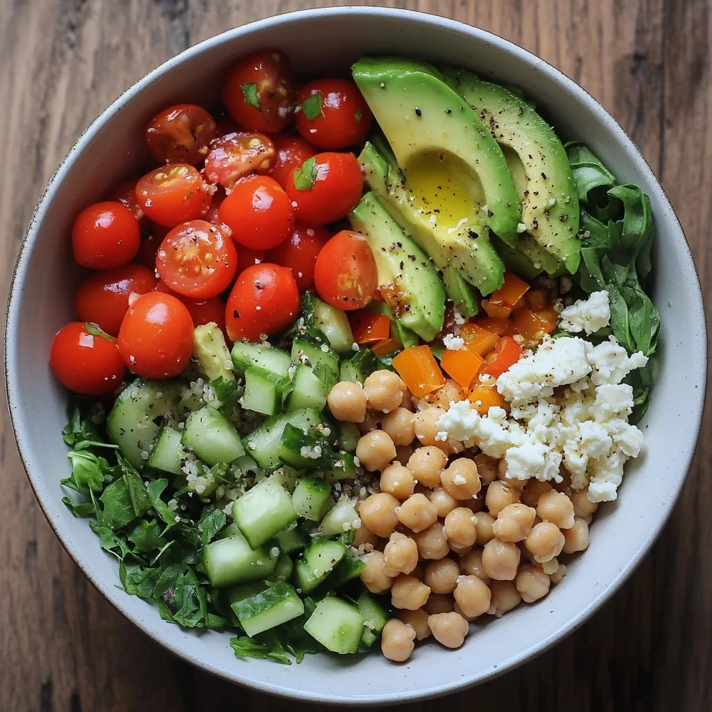 Mediterranean-inspired quinoa bowl with cherry tomatoes, avocado, cucumber, chickpeas and feta cheese