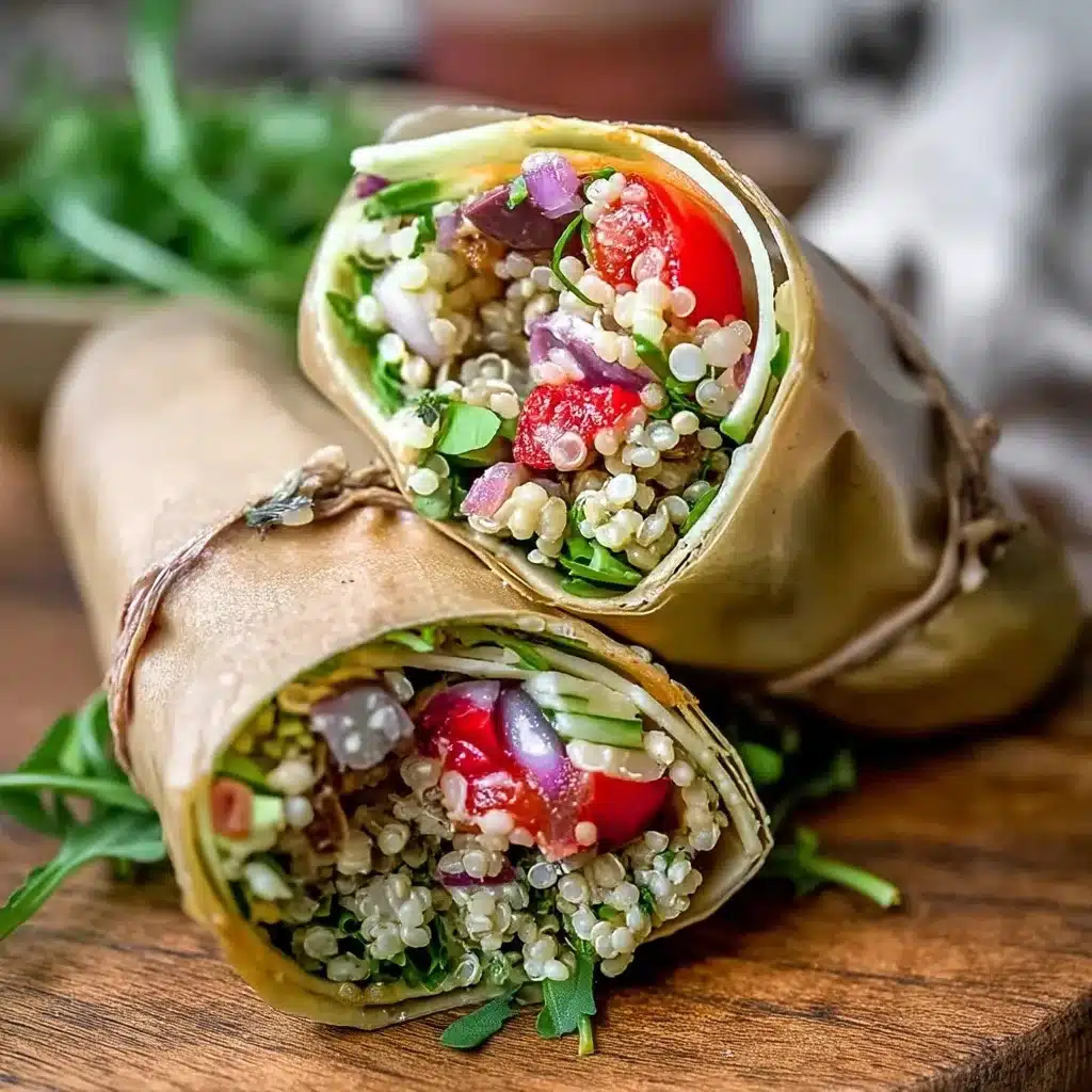 Mediterranean quinoa wrap cut in half showing quinoa, cherry tomatoes, red onion, olives, and fresh greens wrapped in tortilla on wooden cutting board