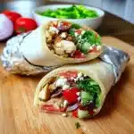 Chicken Mediterranean wrap cut in half showing fresh vegetables, feta cheese, olives, and seasoned chicken filling wrapped in flour tortilla