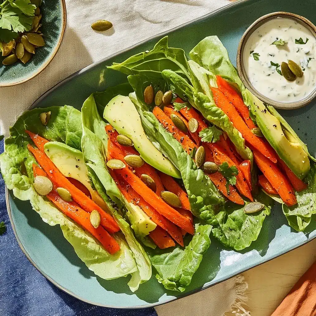 Roasted carrot lettuce wraps with avocado slices and pumpkin seeds served on blue plate with creamy yogurt sauce
