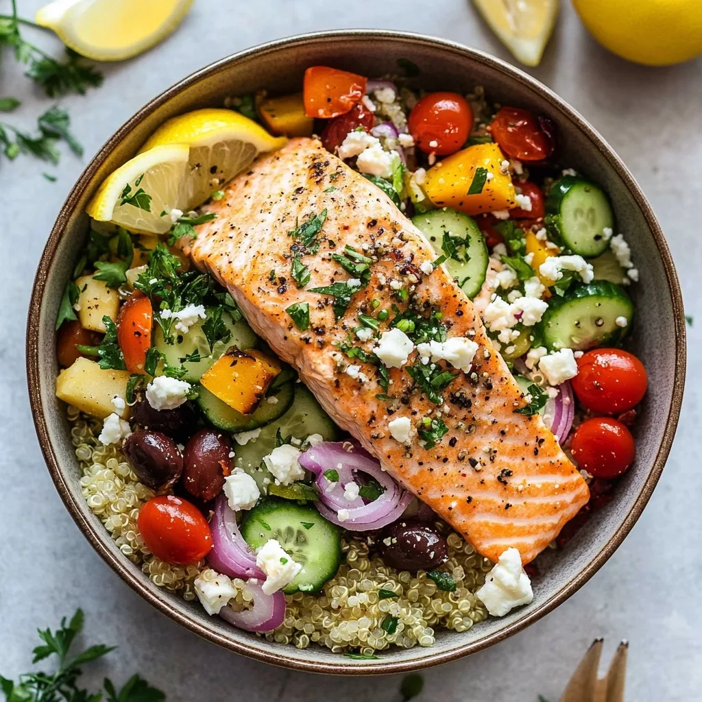 Overhead view of Mediterranean salmon bowl with fresh vegetables, quinoa, olives, and lemon wedges on a stone background