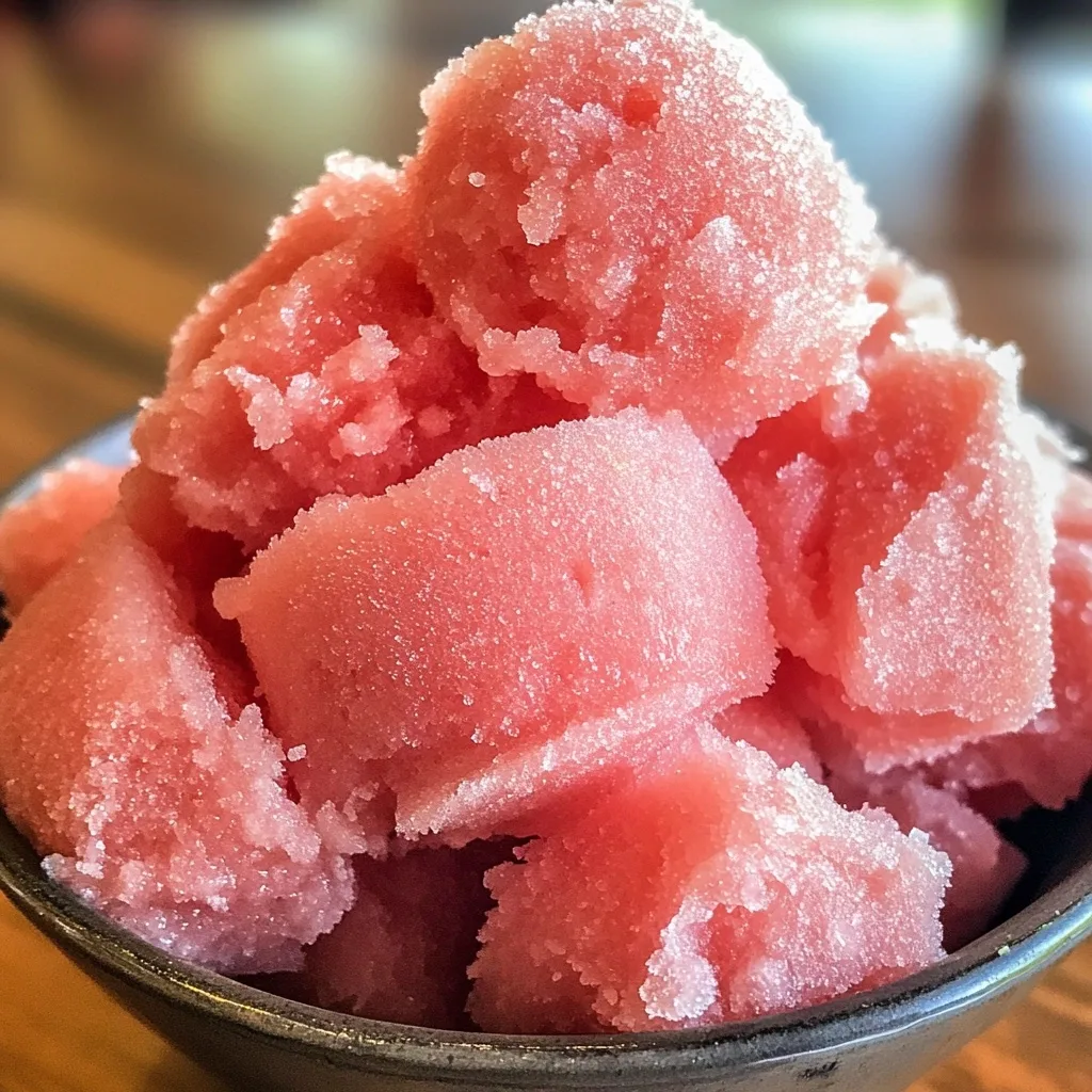 Scoops of bright pink watermelon sorbet with visible sugar crystals served in a small metal bowl