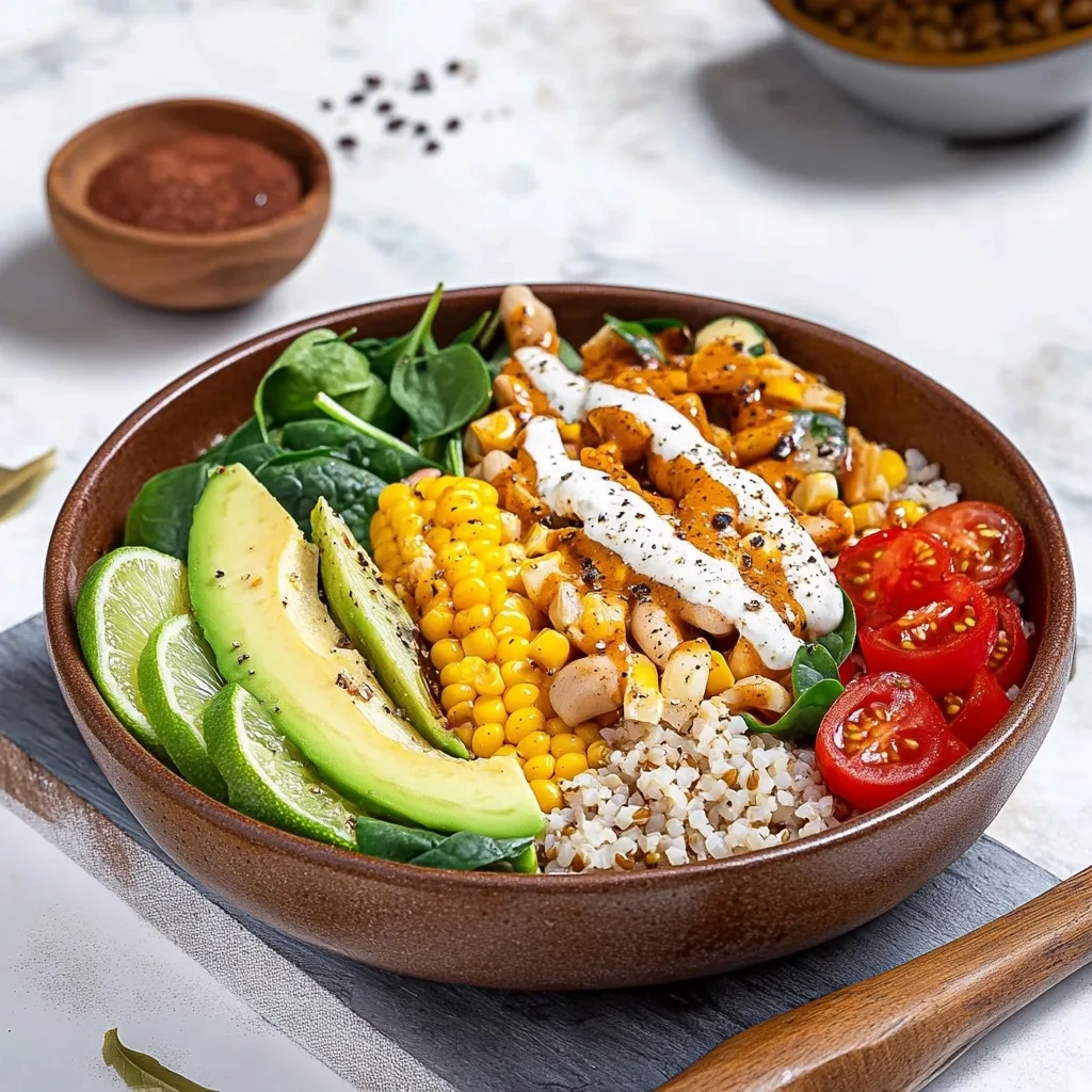 Southwestern Buddha Bowl with brown rice, beans, corn, avocado, lime wedges, spinach and yogurt dressing
