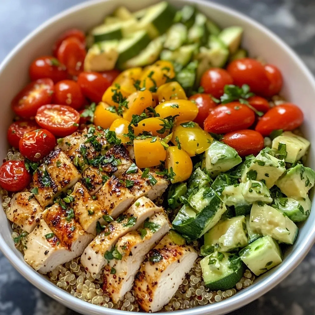 A bowl of quinoa topped with sliced grilled chicken, cherry tomatoes, zucchini, cucumber, and colorful vegetables.