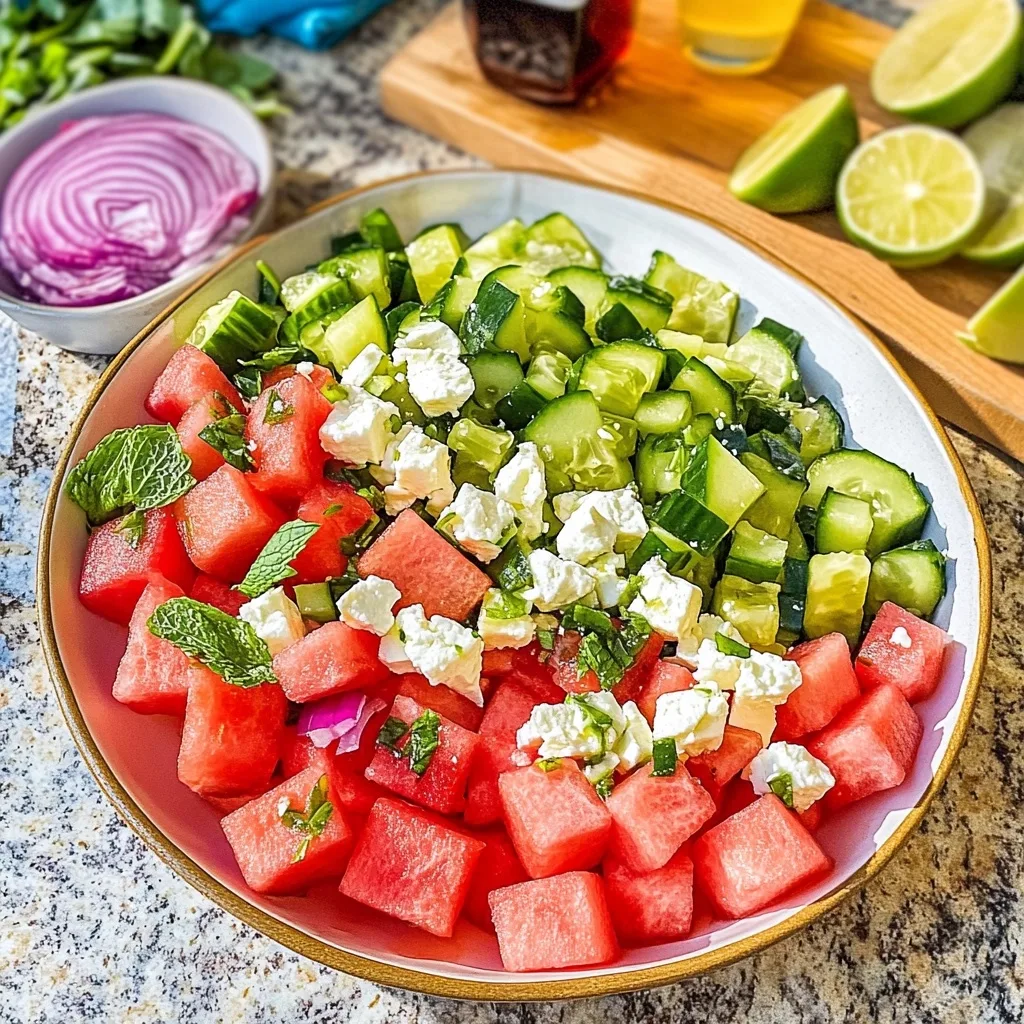 Freshly prepared Watermelon-Feta Summer Salad in a white bowl with diced watermelon, cucumber, and feta cheese, garnished with mint leaves and red onion.