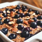 Alt Text: "Blueberry cottage cheese breakfast bake in a white ceramic dish, topped with fresh blueberries and pecan halves