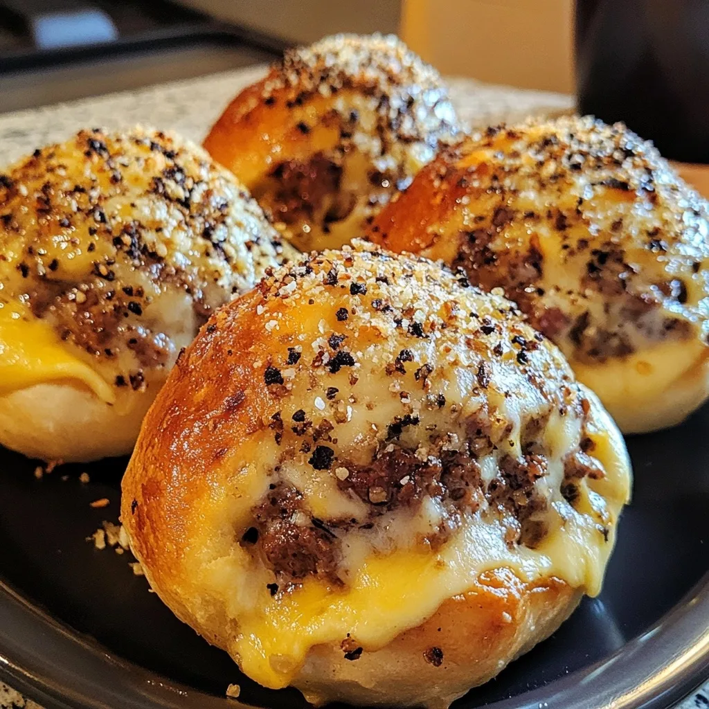 Four Garlic Parmesan Cheeseburger Bombs on a dark plate showing their golden exteriors and savory beef and cheese filling