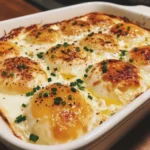 Golden brown baked cottage cheese eggs with perfectly set yolks and sprinkled chives in a white ceramic baking dish