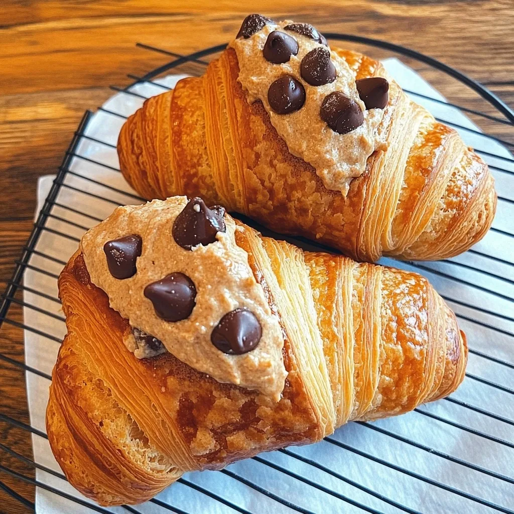 Two golden-brown Le Crookie Cookie Croissants on a cooling rack, featuring flaky layers and chocolate chip cookie centers peeking out from the tops.
