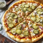 Homemade pickle pizza with thin-sliced dill pickles, melted mozzarella, crumbled feta cheese, red onion slivers, and fresh dill garnish on a golden crust with tomato sauce.