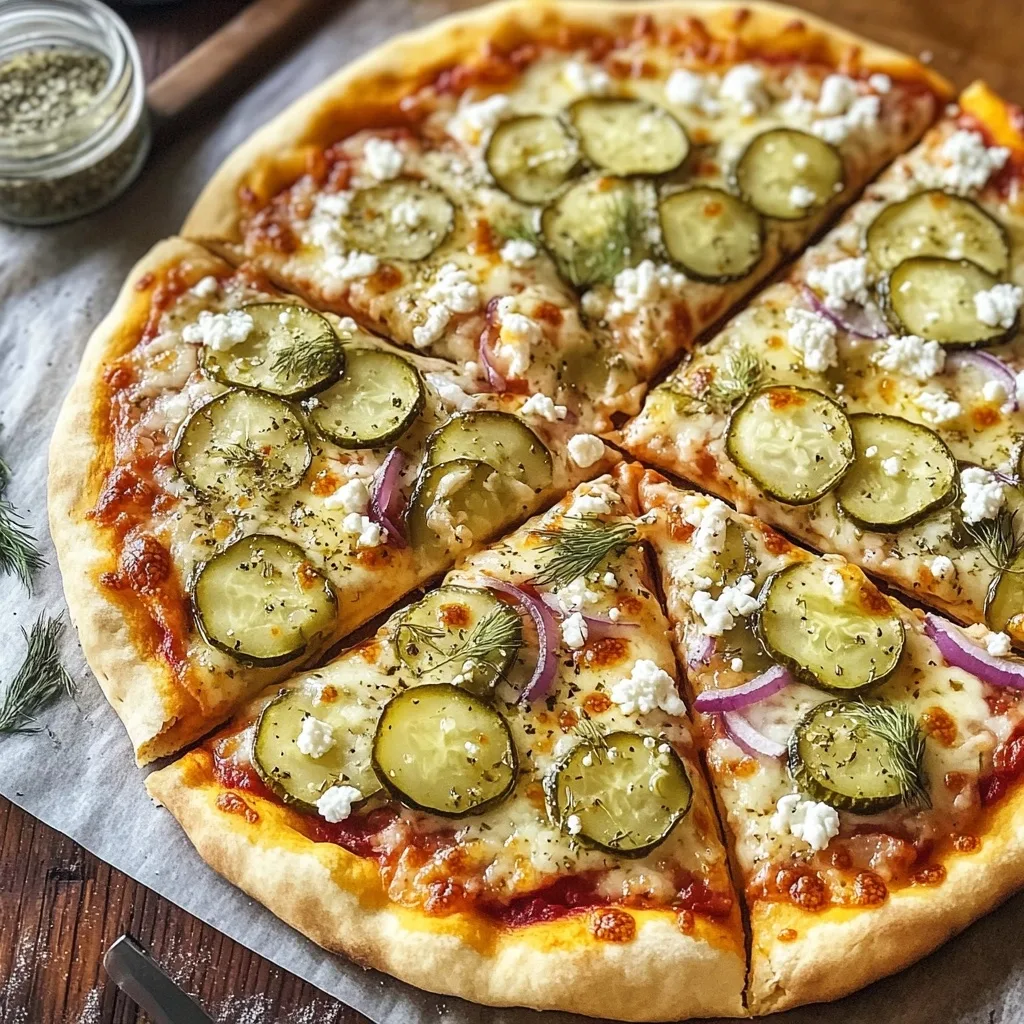 Homemade pickle pizza with thin-sliced dill pickles, melted mozzarella, crumbled feta cheese, red onion slivers, and fresh dill garnish on a golden crust with tomato sauce.