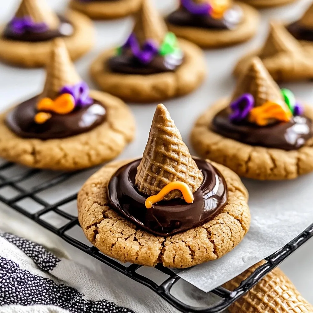 Homemade witch hat chocolate cookies on a cooling rack with orange and purple icing decorations