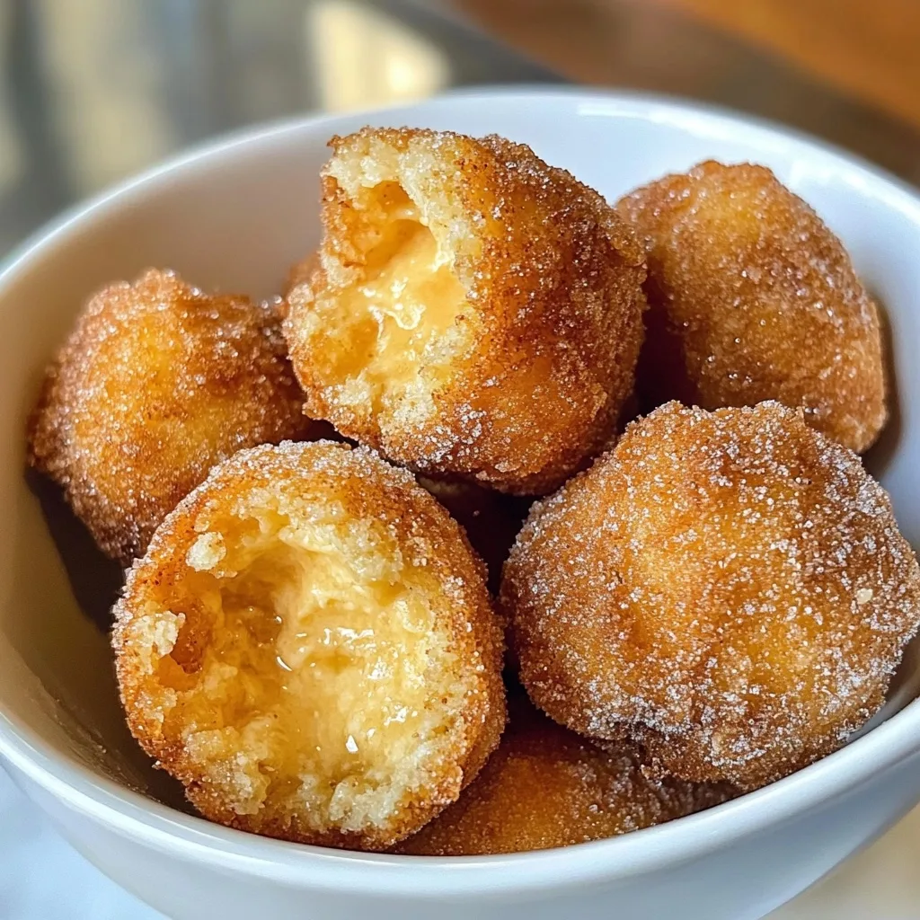 Close-up of golden-brown churros poppers in a white bowl, showing crispy exterior coated with cinnamon sugar and one popper broken open revealing the soft, airy interior.