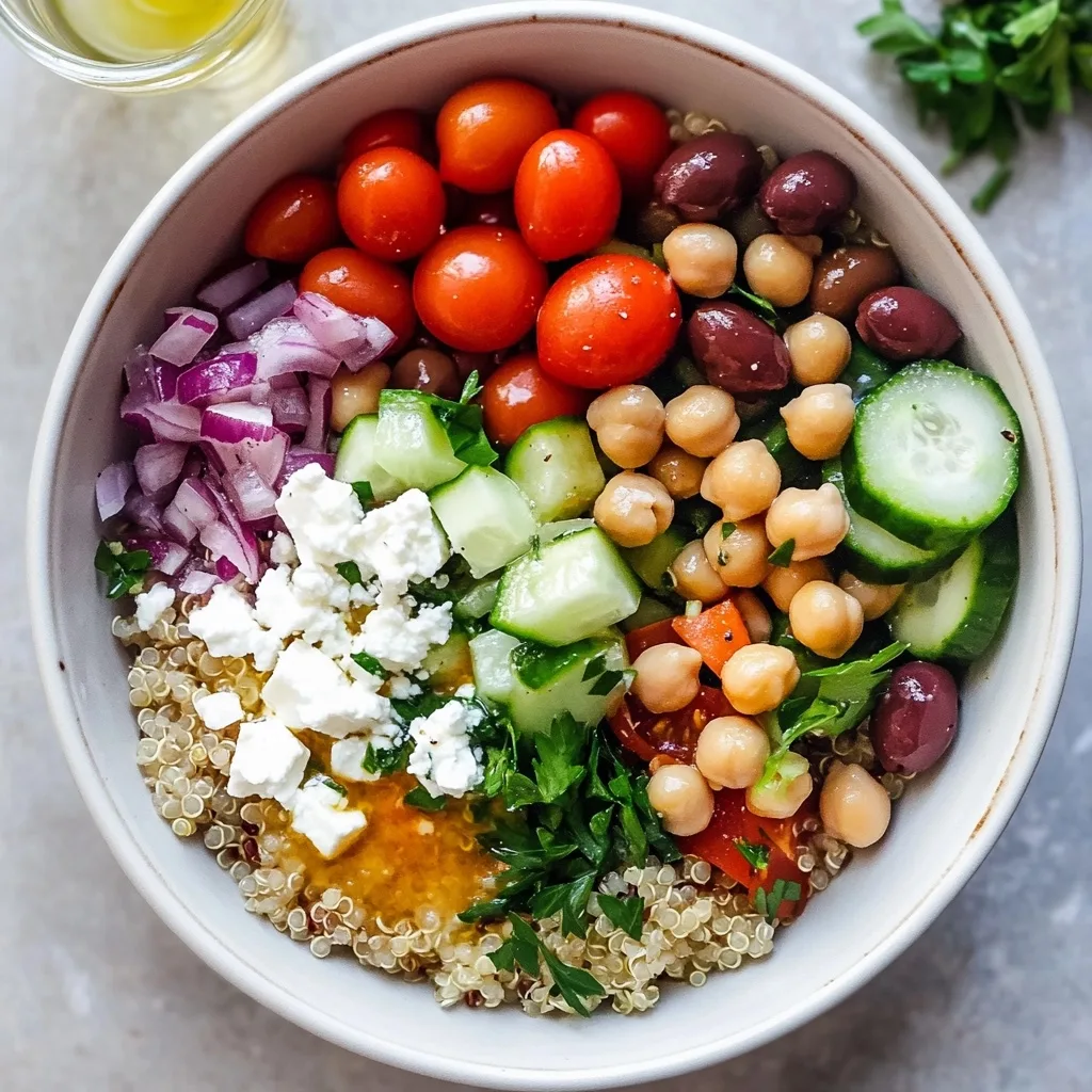 Quinoa Mediterranean Bowl with colorful ingredients arranged in sections, including cucumber slices, diced red onion, cherry tomatoes, chickpeas, fresh herbs, and feta cheese.