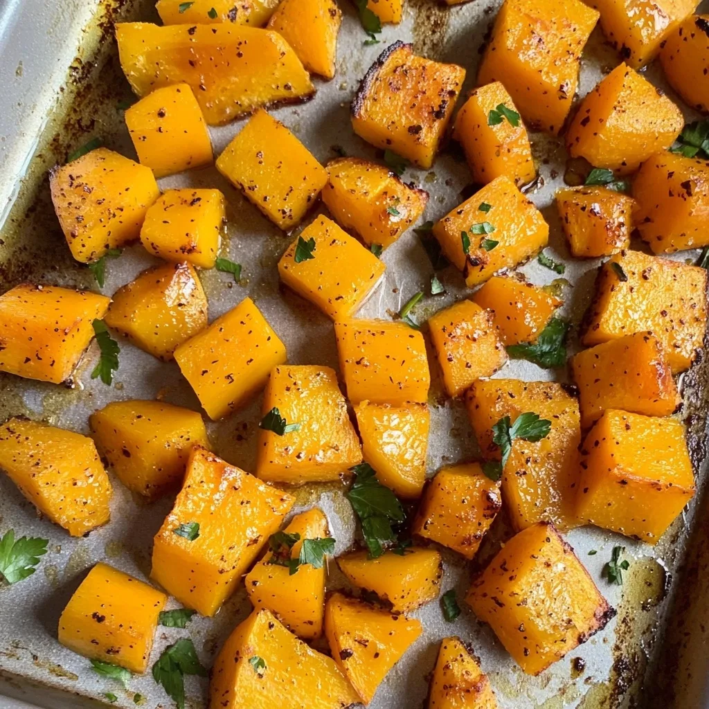 Perfectly roasted butternut squash cubes with caramelized edges and fresh parsley garnish arranged on a parchment-lined baking sheet.