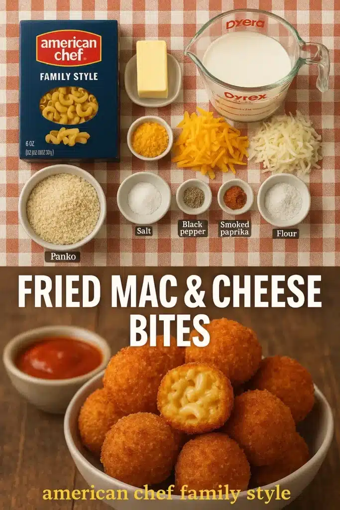 Ingredient layout for fried mac and cheese bites featuring American Chef pasta, cheese, milk, butter, panko breadcrumbs, flour, and seasonings on a checkered tablecloth.