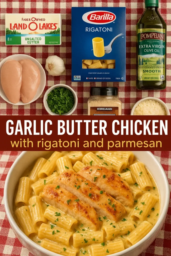 Garlic Butter Chicken with Rigatoni ingredients and finished dish on red checkered cloth.