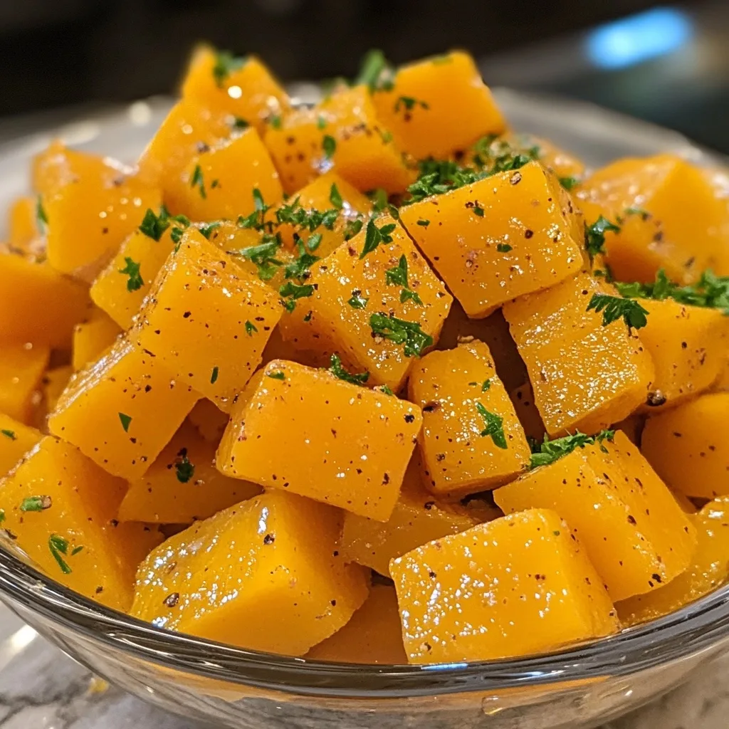 Honey glazed butternut squash cubes garnished with fresh parsley served in a clear glass bowl.