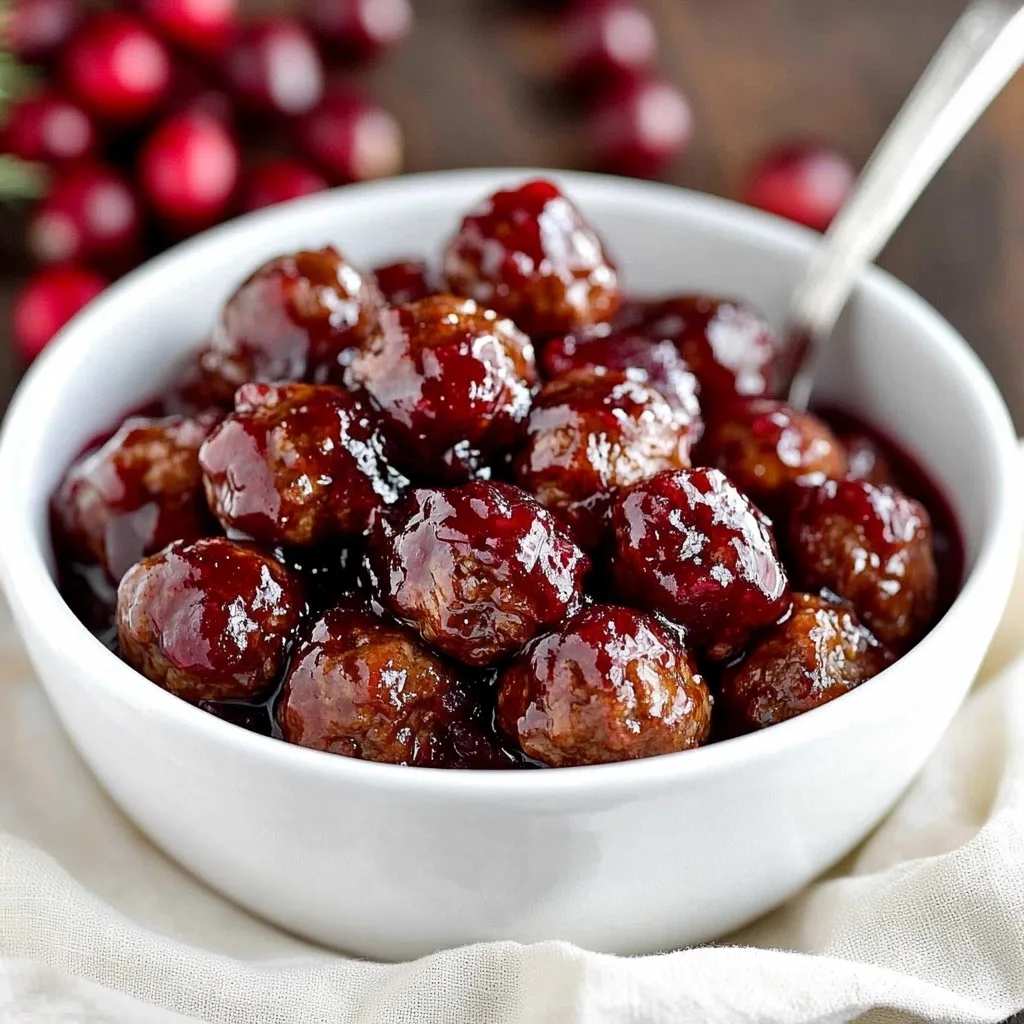 Juicy cranberry meatballs glazed with shiny cranberry sauce served in a white bowl with fresh cranberries in background