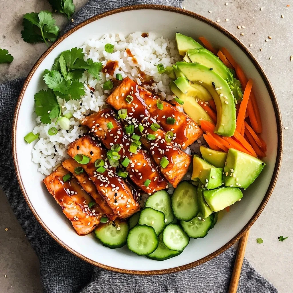 Overhead view of Sriracha honey glazed salmon bowl with white rice, sliced avocado, cucumber, carrots, and garnished with sesame seeds and green onions.