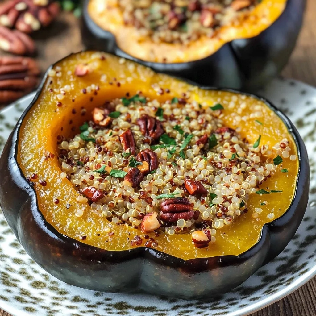 Close-up of acorn squash filled with tricolor quinoa and toasted pecans, garnished with fresh herbs on a patterned plate.
