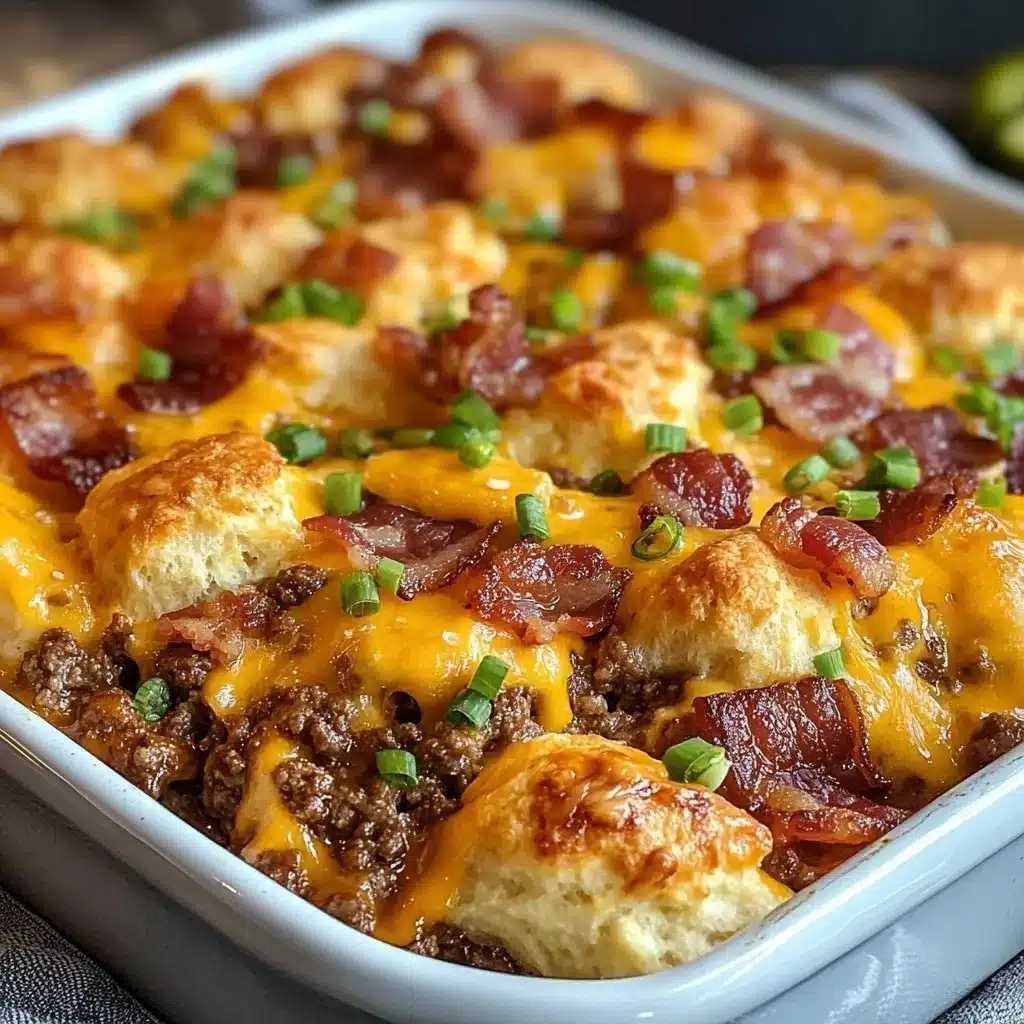 Easy Loaded Bacon Cheeseburger Bite Casserole with golden biscuits, melted cheddar cheese, and crispy bacon pieces in white baking dish