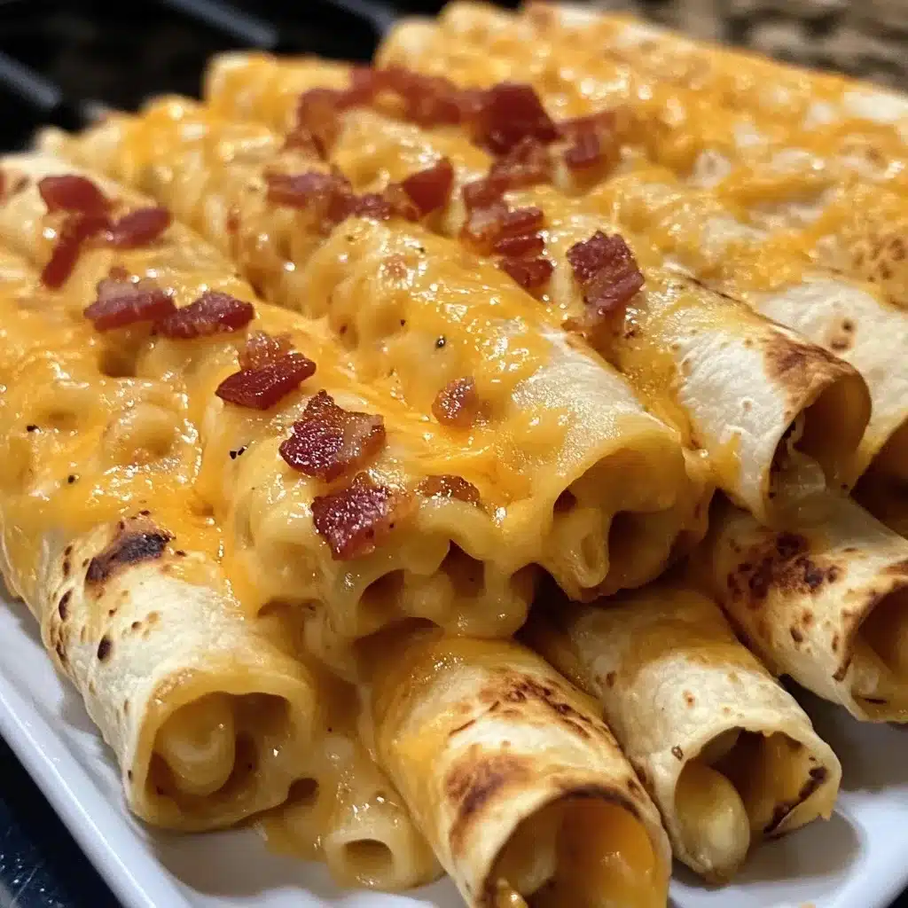 Bacon Mac 'n' Cheese Taquitos topped with melted cheddar cheese and crispy bacon pieces on white plate