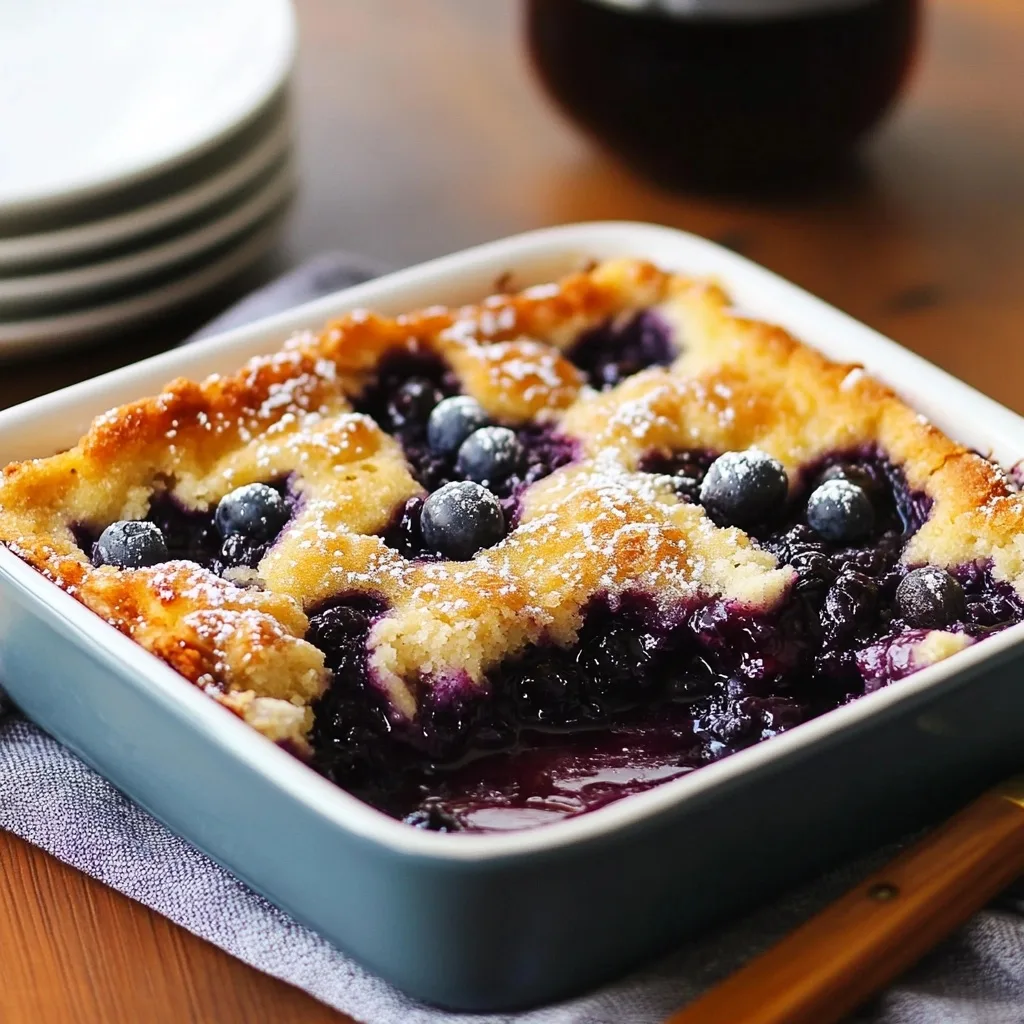 Golden baked Blueberry Buttermilk Pancake Casserole in white ceramic baking dish with fresh blueberries scattered on top and powdered sugar dusting, served on blue and white checkered cloth