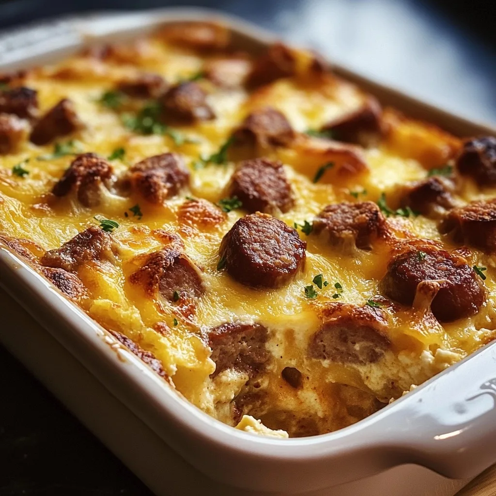 Freshly baked breakfast sausage and cheese casserole in a white baking dish showing golden cheese topping and browned sausage pieces garnished with herbs.