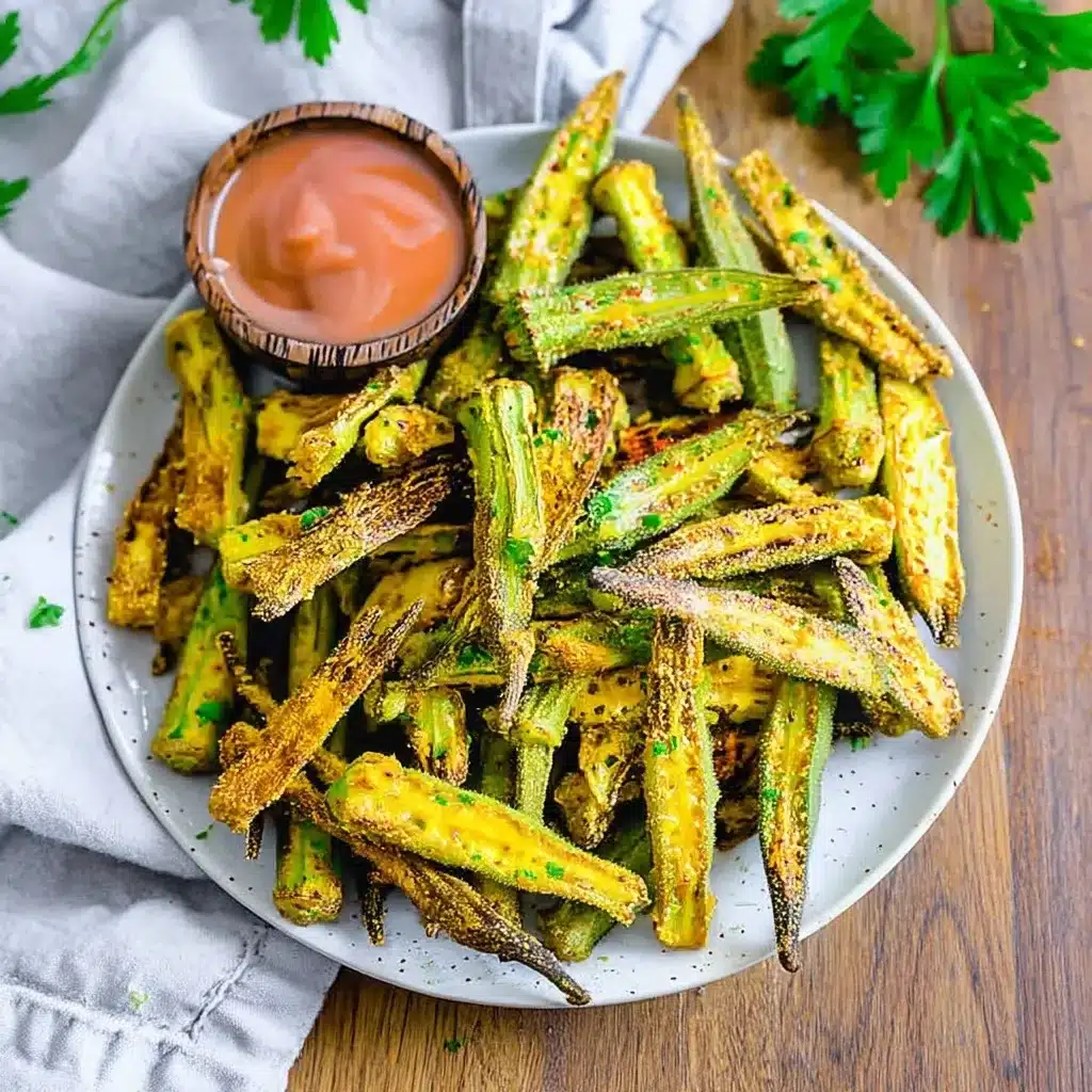 Close-up view of perfectly cooked air fryer okra showing golden brown coating and tender interior