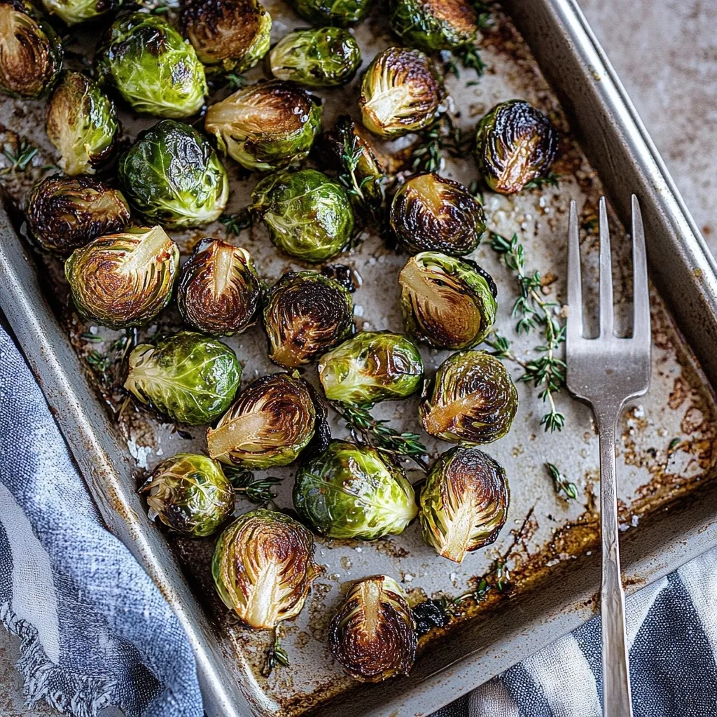 Close-up of caramelized Brussels sprouts with herbs on a metal baking tray