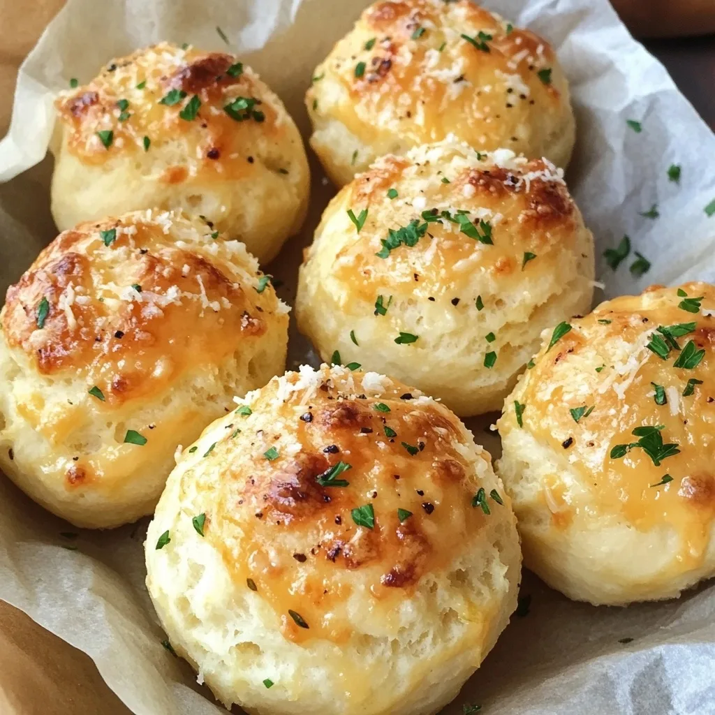Freshly baked buttery garlic cheese bombs arranged on parchment paper, topped with melted cheese, parmesan, and chopped parsley