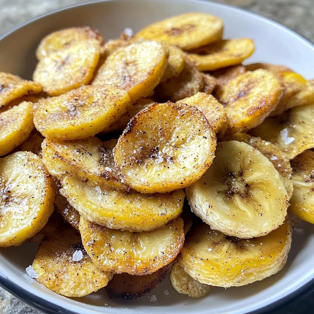Crispy golden air fryer banana chips seasoned with cinnamon and sea salt served in a white bowl