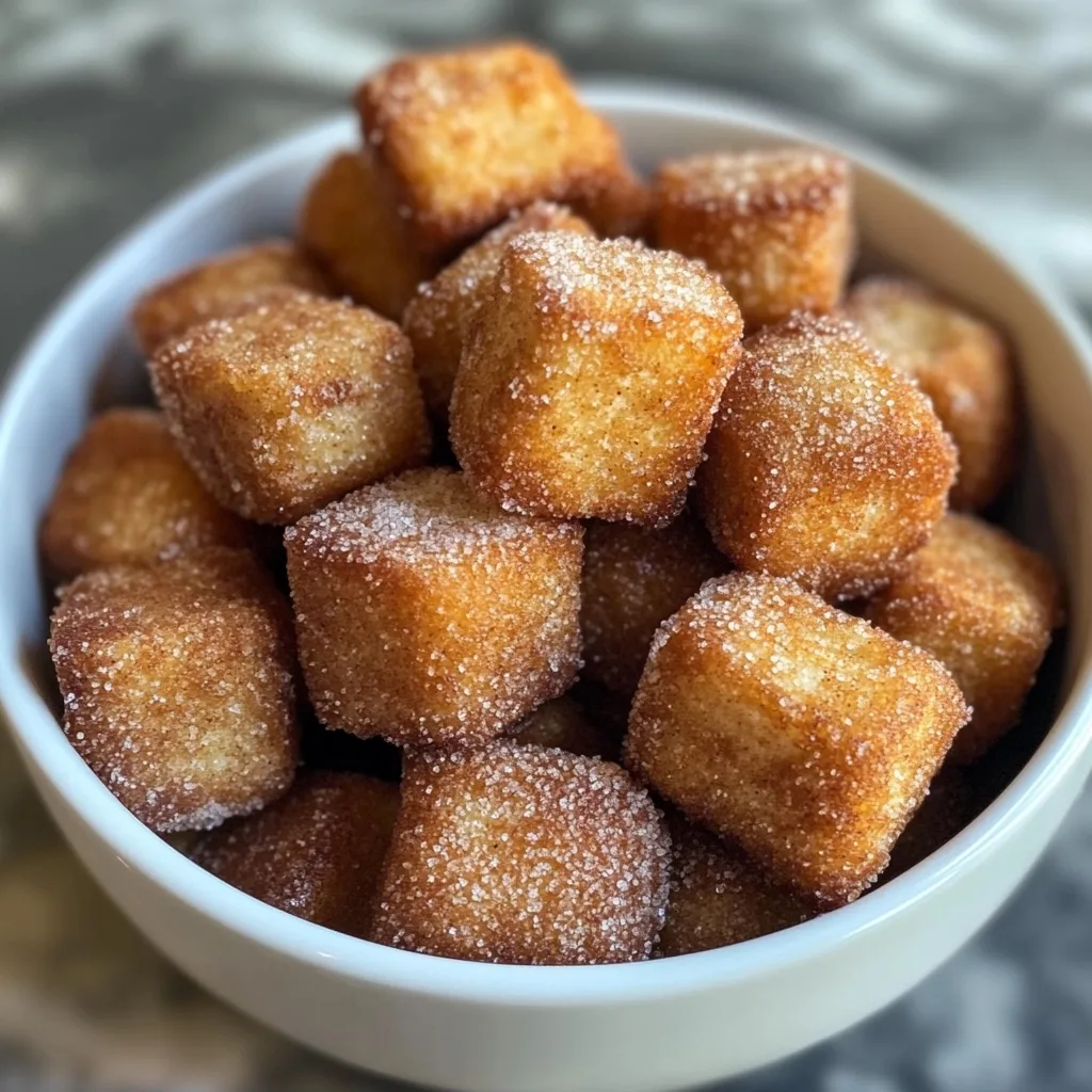 Bowl of crispy, golden air-fried churro bites coated in cinnamon sugar.