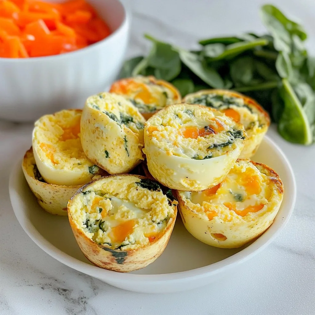 Cottage cheese egg bites arranged on white plate showing fluffy texture with spinach and orange bell peppers