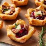 Golden puff pastry cups filled with melted brie cheese, cranberry sauce, and topped with pecan pieces and fresh rosemary sprigs.