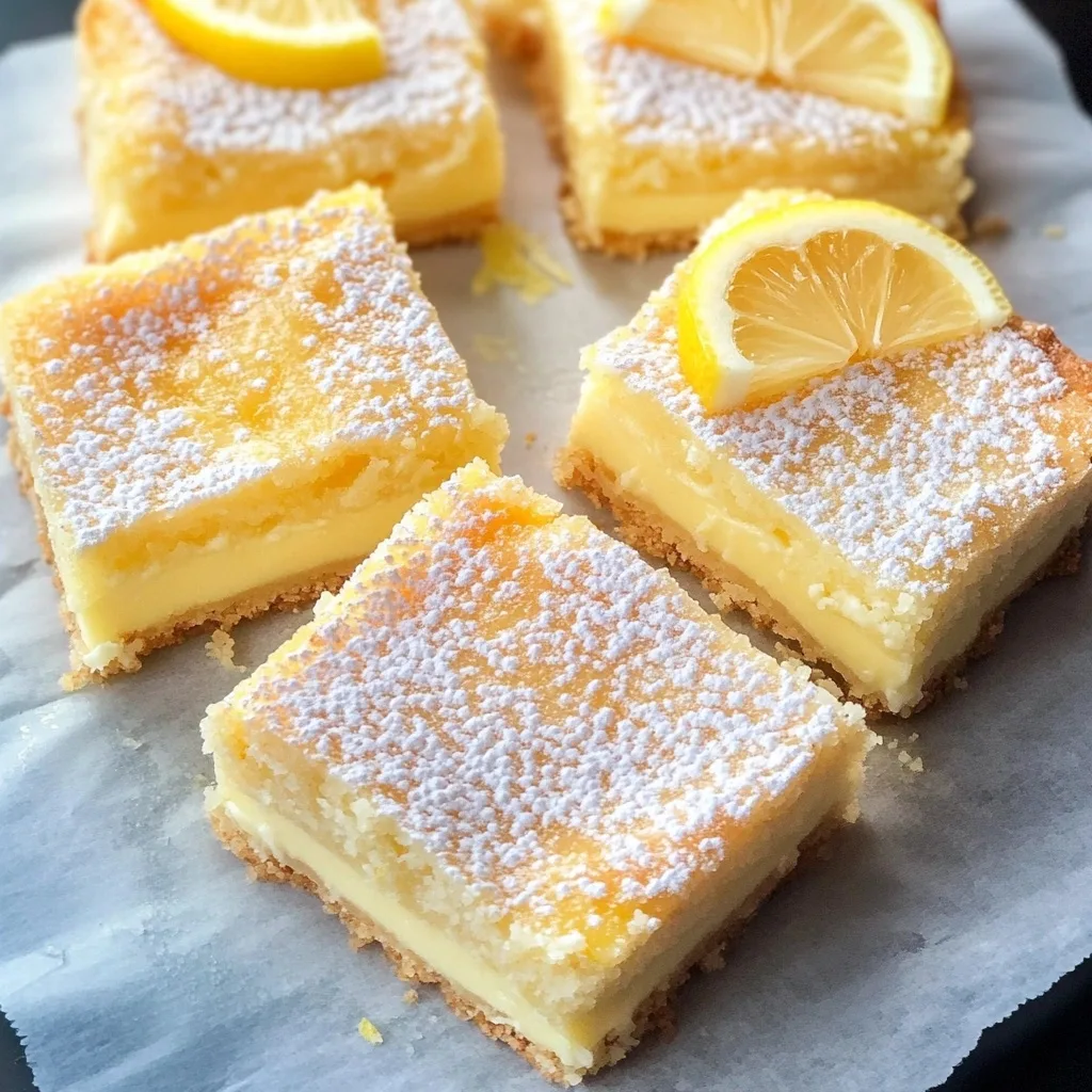 Six cream cheese lemon bars cut into squares with fresh lemon slices as garnish, showing the smooth yellow filling and perfect texture