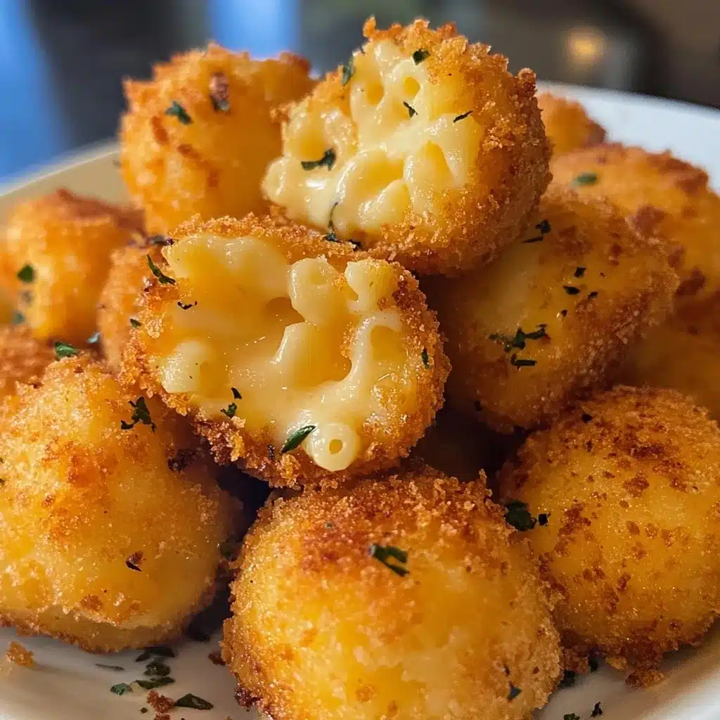 Close-up of golden-brown fried mac and cheese bites on a white plate, showing the crispy exterior and creamy macaroni filling inside a broken piece.