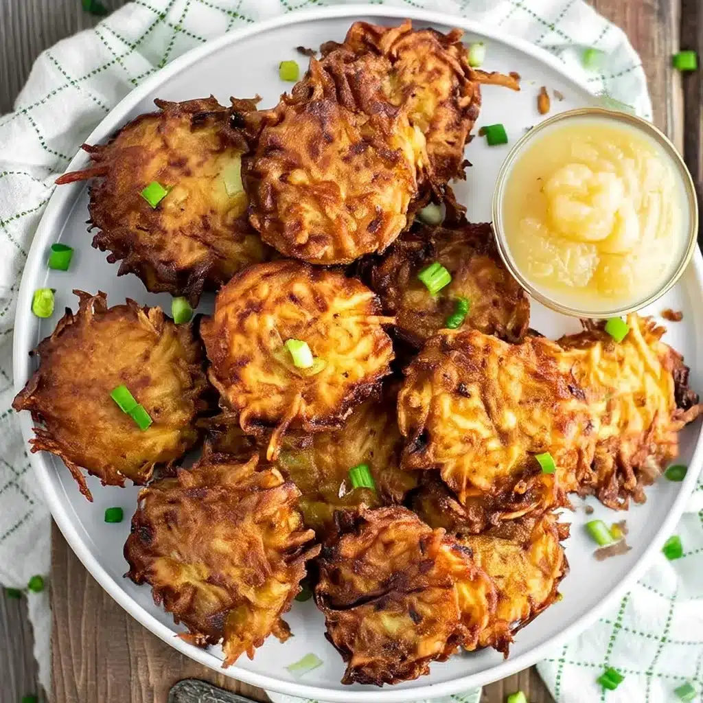 Golden crispy classic potato latkes arranged on white plate with applesauce and fresh chives on checkered kitchen towel