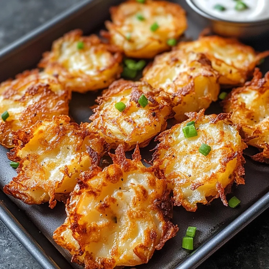 Crispy golden potato latkes topped with fresh chopped chives on a baking tray