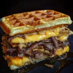 Single Bourbon-Maple Brisket Grilled Cheese Wafflewich with perfectly golden waffle exterior and melted cheese dripping from tender brisket filling