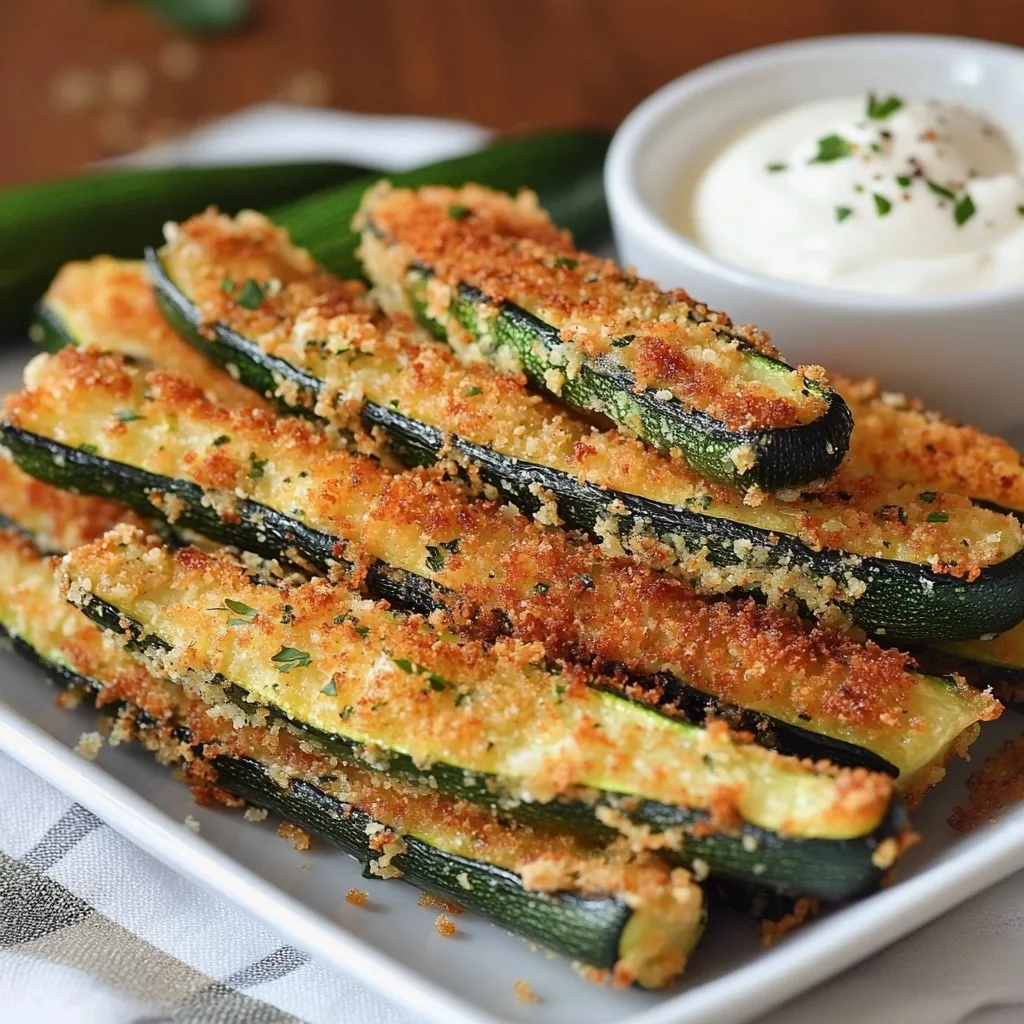 Golden-brown crispy fried zucchini sticks arranged on a white plate with creamy dipping sauce in a small bowl, garnished with fresh herbs.