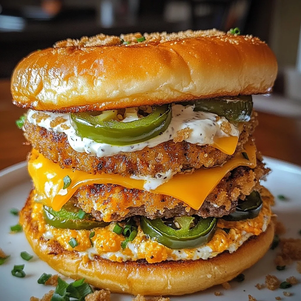 Side angle of double-decker jalapeño popper smash burger displaying golden-brown beef patties, melted cheese, jalapeño rings, ranch sauce, and toasted bun with breadcrumb coating