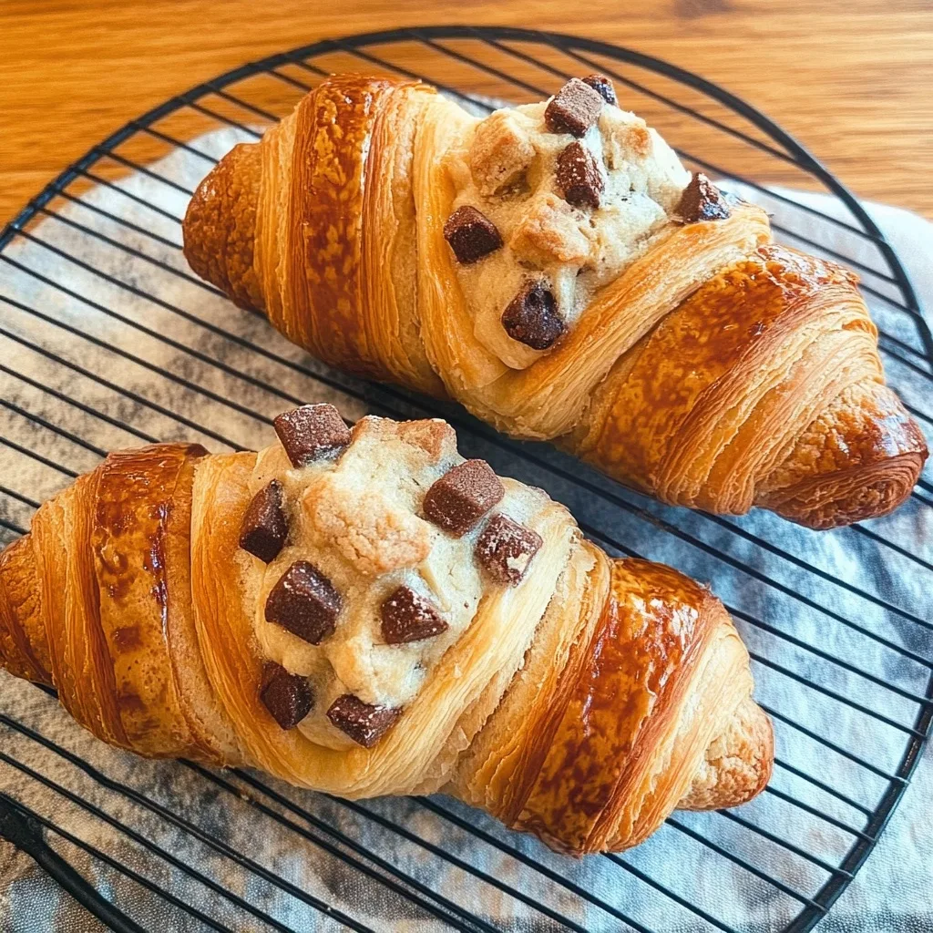 Two perfectly baked Le Crookie Cookie Croissants featuring chunky chocolate pieces embedded in the cookie centers, displayed on a wire cooling rack.