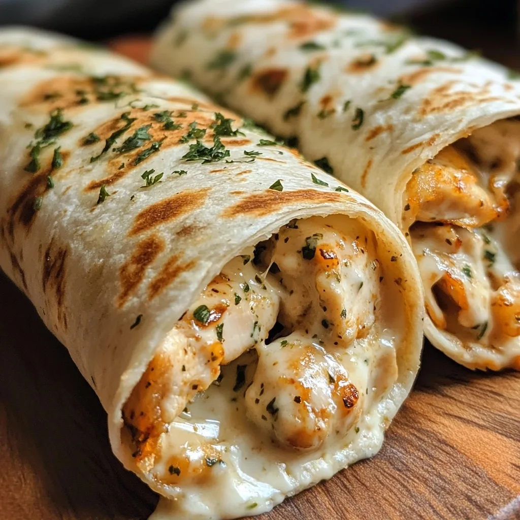 Three grilled cheesy garlic chicken wraps arranged on a wooden cutting board showing golden tortillas filled with seasoned chicken and melted cheese.