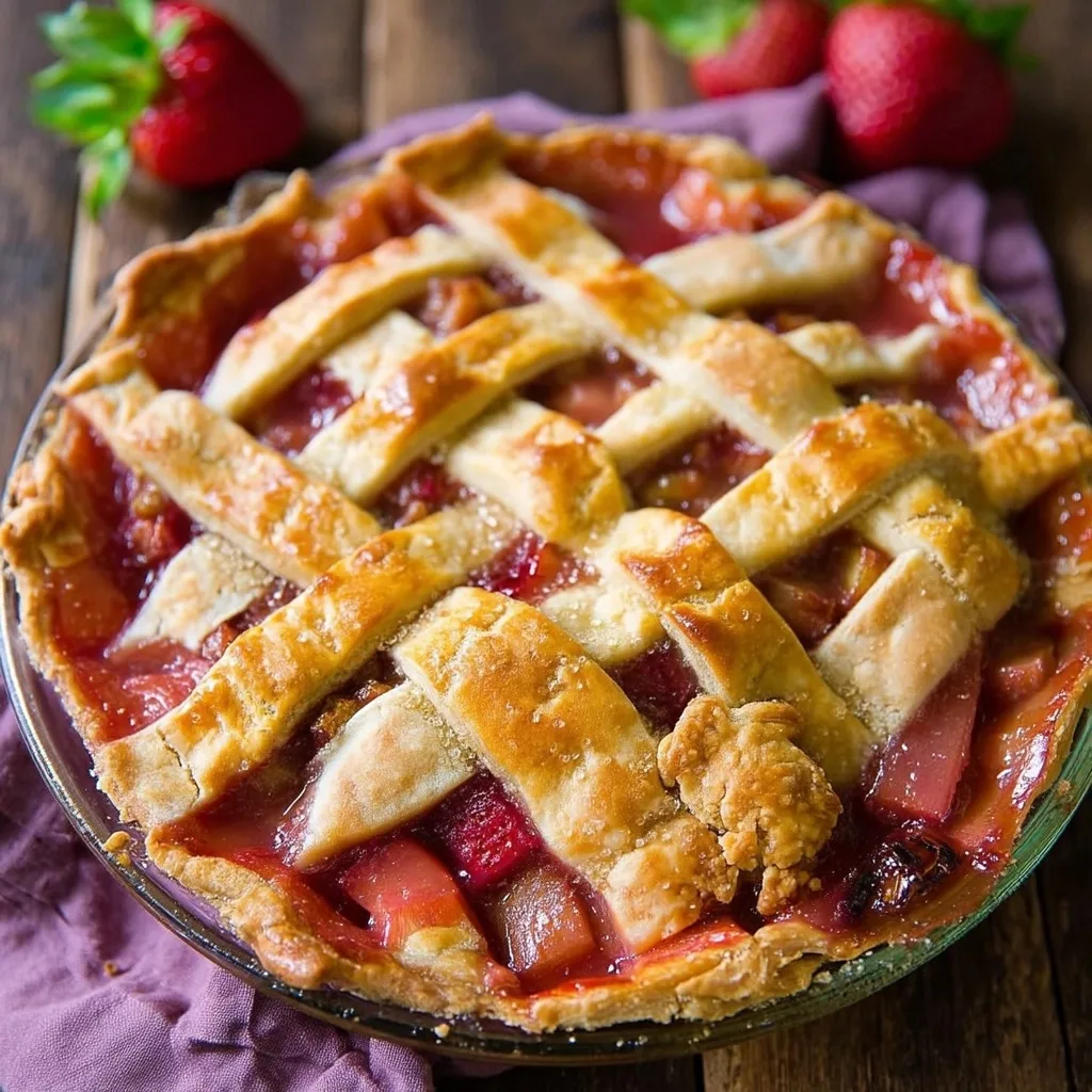 Homemade strawberry rhubarb pie with golden lattice crust in glass pie dish Title: Classic Strawberry Rhubarb Pie with Lattice Crust